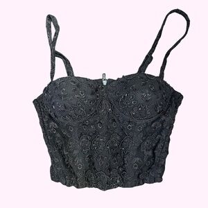 TRUE VINTAGE Fully Embellished Beaded Black Rayon Corset Top